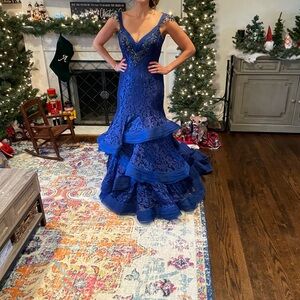 Blue Lace and Beaded Mac Duggal  Mermaid Dress
